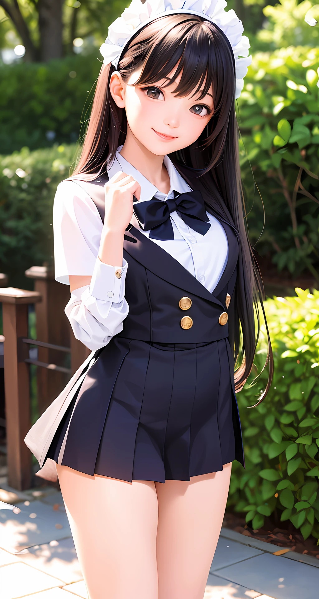 1girl, realistic, (looking at audience: 1), (ulzzang-6500: 0.66), thighs, bare legs, dappled sunlight, best quality, super high resolution, (photorealistic: 1.4), long hair, black Hair, white bow headdress, school uniform, (smile: 1), strapless, hair accessories, exquisite eyes, (smile: 1), (small chest: 1.4), (chest: 1.4)