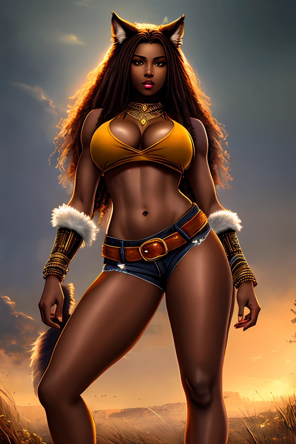 Masterpiece, highest quality, seductive, African female, brown skin, werewolf, warrior, large wolf in background, details, full body, sexual pose, jeans, game avatar, realistic