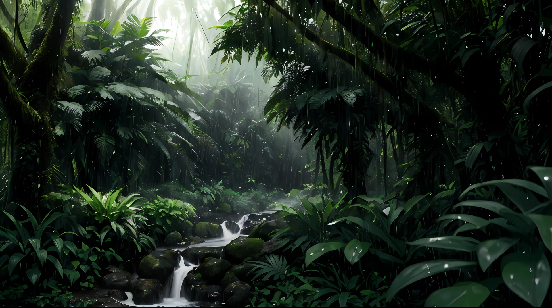 A jungle, with intense rainfall, monochromatic, vines all around, giant and wet trees, masterpiece, best quality, high quality, extremely detailed CG unity 8k wallpaper, oil paiting, award winning photography, Bokeh, Depth of Field, HDR, bloom, Chromatic Aberration ,Photorealistic,extremely detailed, trending on artstation, trending on CGsociety, Intricate, High Detail, dramatic, art by midjourney, volumetric lighting.

Image Size                      : 960x536