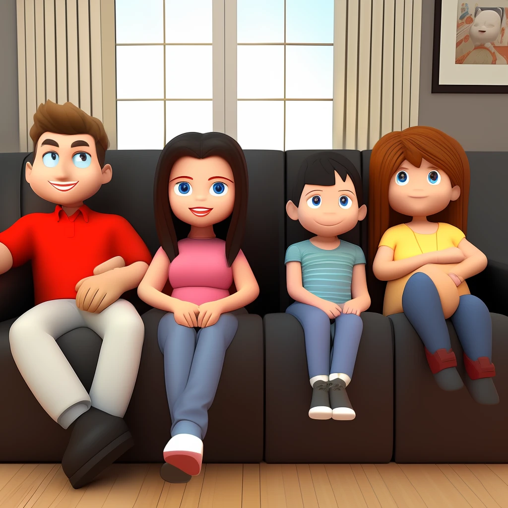 Family cartoon 3D 4K sitting on sofa