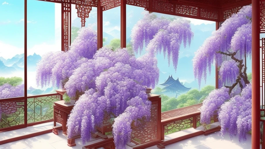 Rich details, view from inside looking out the window, wisteria flowers hanging down along the eaves, ancient Chinese style wooden windows, courtyard, garden, exquisite details, low saturation, hand painting, Chinese ink painting, overall color tone is softer with less strong contrast, sunlight leaking from between the leaves, 8k
