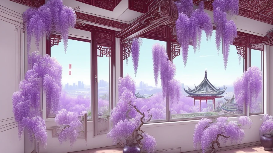 negative space, rich details, Wisteria hangs down from the top of the picture like willow branches, with a view from outside the window into the room, ancient Chinese style wooden windows, courtyard, exquisite details, low saturation, hand painting, Chinese ink painting, overall color tone is softer with less strong contrast, sunlight leaking from between the leaves, 8k