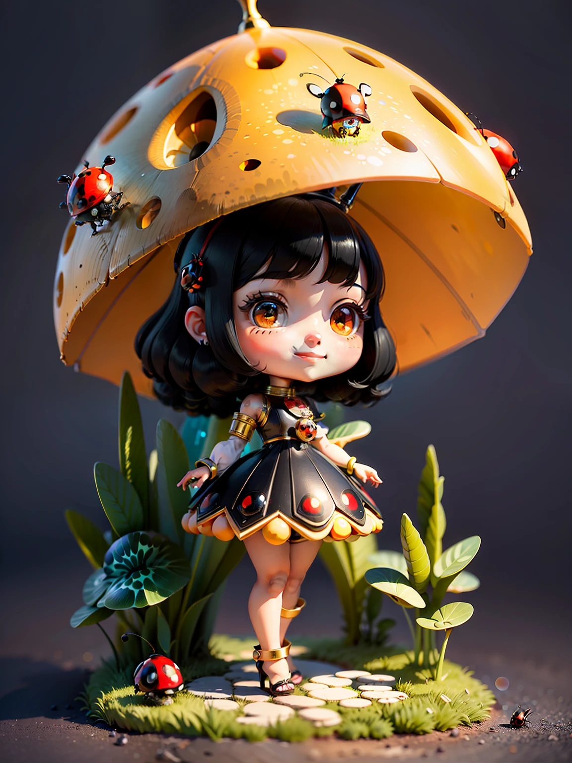 (masterpiece),(best quality),(ultra-detailed), (full body:1.2),
1girl,chibi,cute, smile, black hair, rides a crystal ladybug, in a future mushroom city