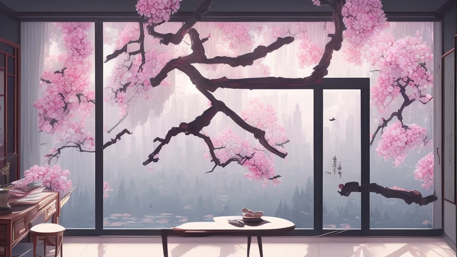 negative space, rich details, tree branches that look like willow branches hang down from the top of the picture, and the branches are covered with blossoms, with a view from outside the window into the room, ancient Chinese style wooden windows, courtyard, exquisite details, low saturation, hand painting, Chinese ink painting, overall color tone is softer with less strong contrast, sunlight leaking from between the leaves, 8k