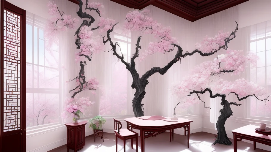 negative space, rich details, tree branches that look like willow branches hang down from the top of the picture, and the branches are covered with blossoms, with a view from outside the window into the room, ancient Chinese style wooden windows, courtyard, exquisite details, low saturation, hand painting, Chinese ink painting, overall color tone is softer with less strong contrast, sunlight leaking from between the leaves, 8k