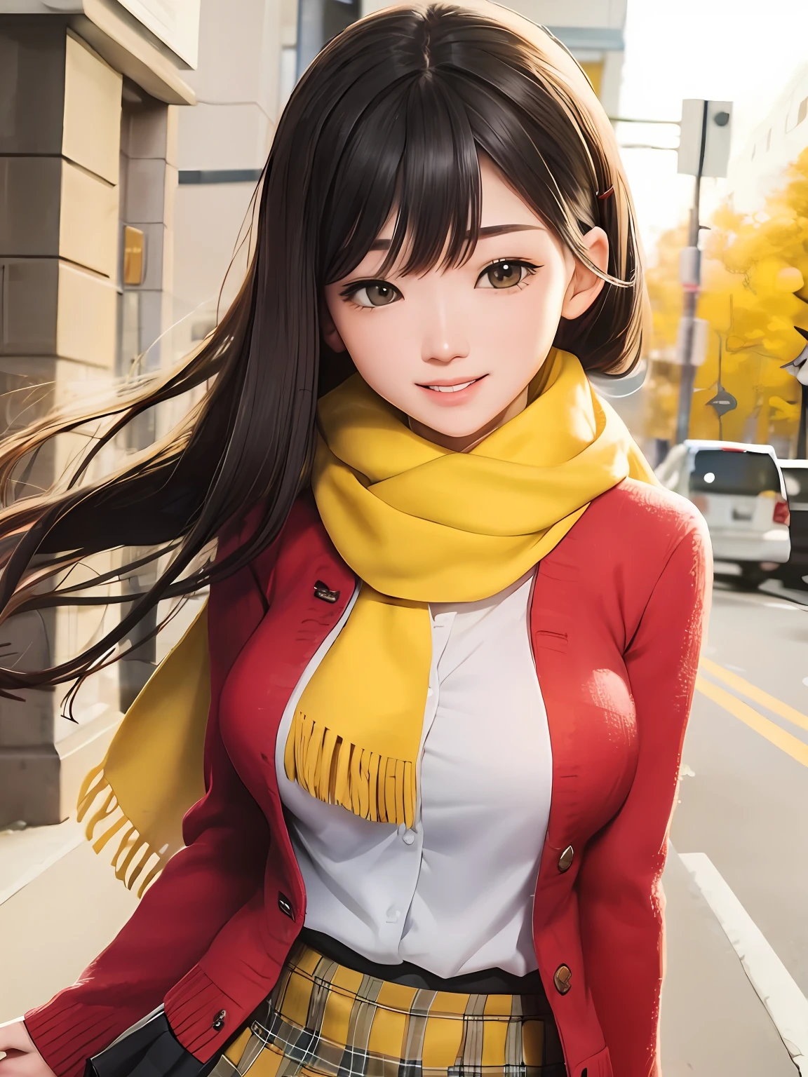 Best, masterpiece, upper body, 1 female, solo, Yukiko, smile, (red cardigan, plaid skirt, yellow scarf, school uniform: 1.2), big breasts, black leggings <lora:yukikoAmagiPersona4_v10:0.8),