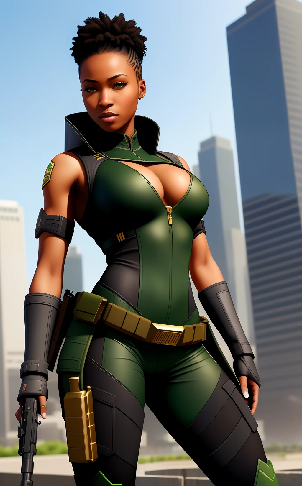 Masterpiece, highest quality, details, black woman, African female, hunter, brown skin, warrior, modern, full body, green eyes, gun, city building, realistic, game avatar, sexy pose