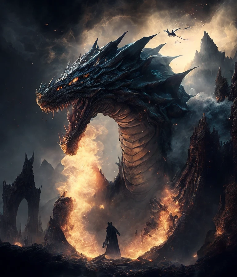 The best picture quality, masterpiece, dark magic style, dark color, surrounded by smoke, the magic dragon soars in the sky, sprays fireballs, the fireballs blow up the earth, the world is in ruins, the dragon soars in the sky, showing its supreme power.