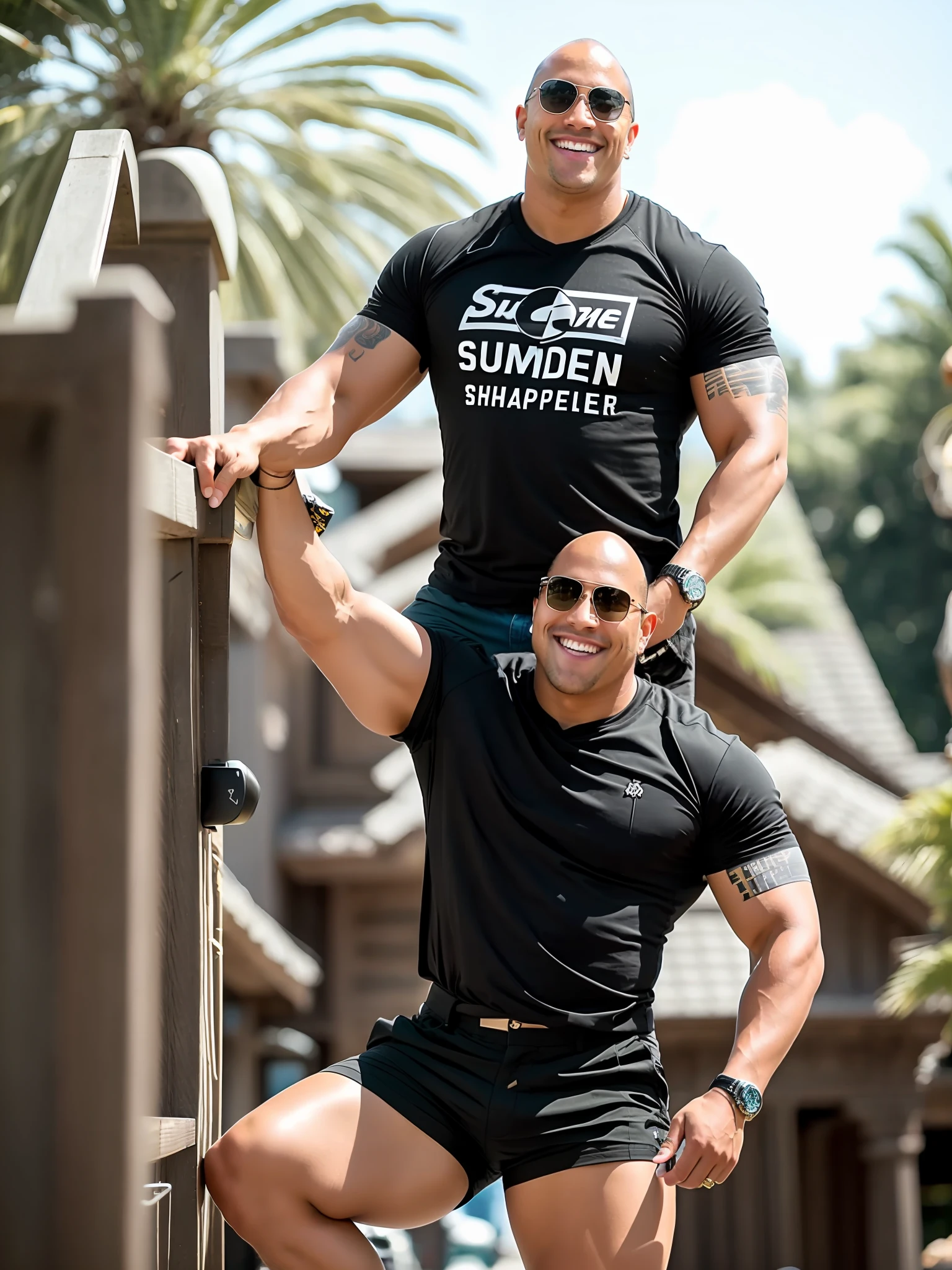 , th3r0ck , wearing black sunglasses, smiling, wearing shorts, tshirt, outdoors, 8k uhd, dslr, high quality