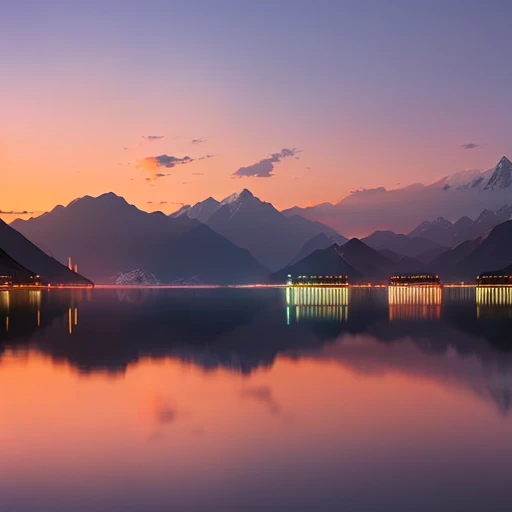 (Fuxian Lake scenery, elegant, wide angle of view, evening afterglow, full of atmosphere, [mountains, sunset, water reflection, clouds, colorful sky, tranquil], panorama masterwork)