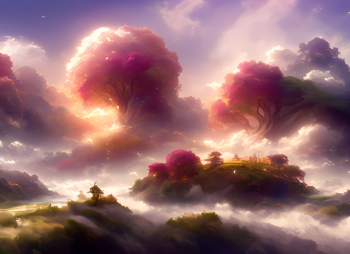 a discodifland with swirling clouds and flowers, artstation, sharp focus, inspiring 8k wallpaper,Thomas Kinkade