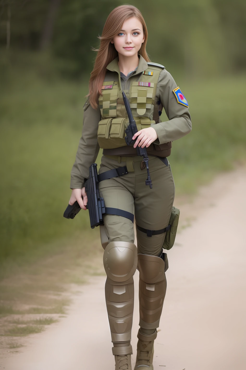 Best quality, masterpiece, super high resolution, realistic, 1girl, gorgeous Russian girl, 23 years old, beautiful, smiling, looking at viewer, brown hair, blue eyes, sexy female military uniform, slim, full body, original photo, Wagner mercenary, Ukraine, tank driver