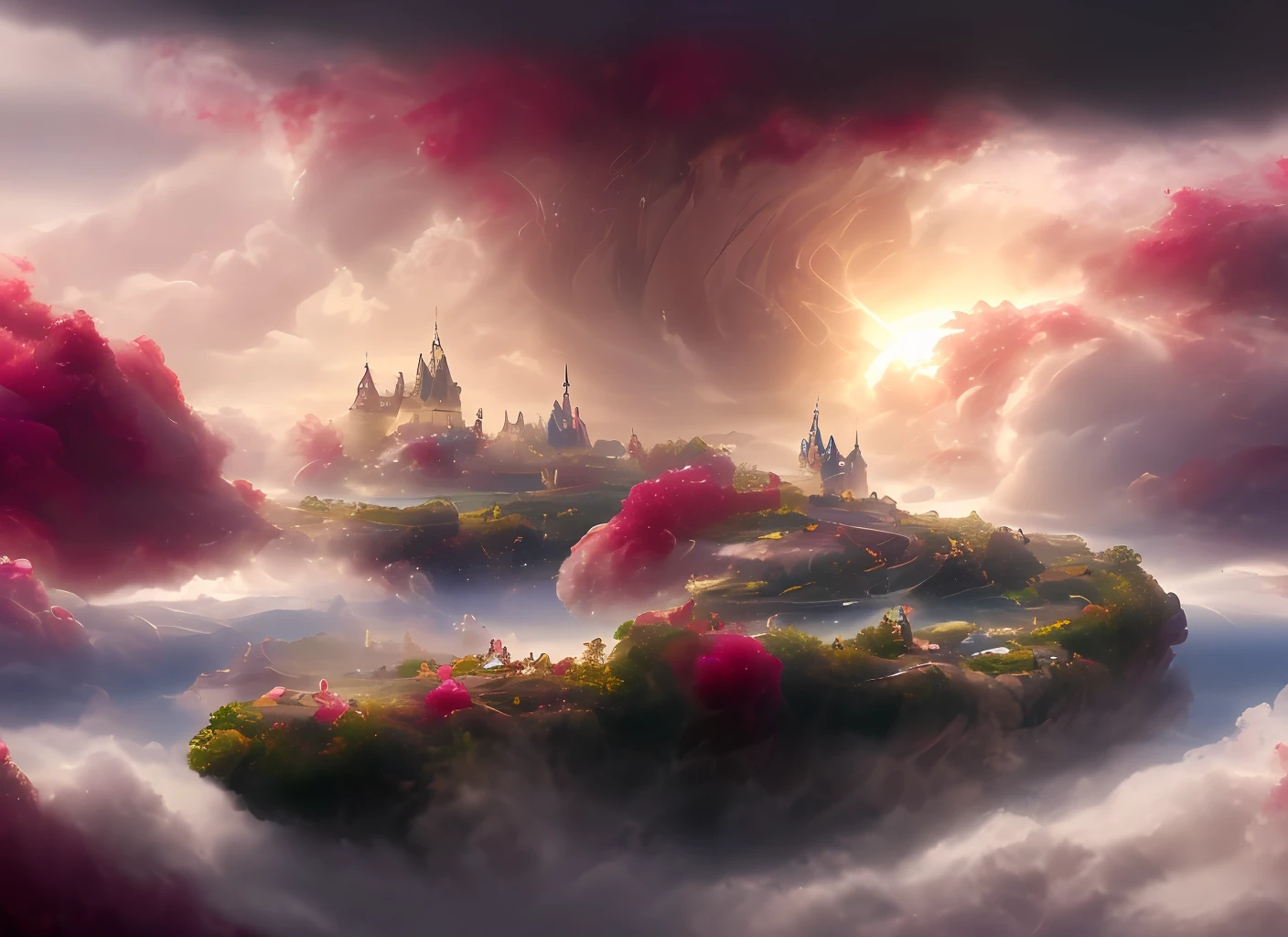 a discodifland with swirling clouds and flowers, (sky rose fantasy castle), (red roses) (ridiculous), dreamy, disney, painted by Thomas Kincaid, artstation, sharp focus, inspiring 8k wallpaper,