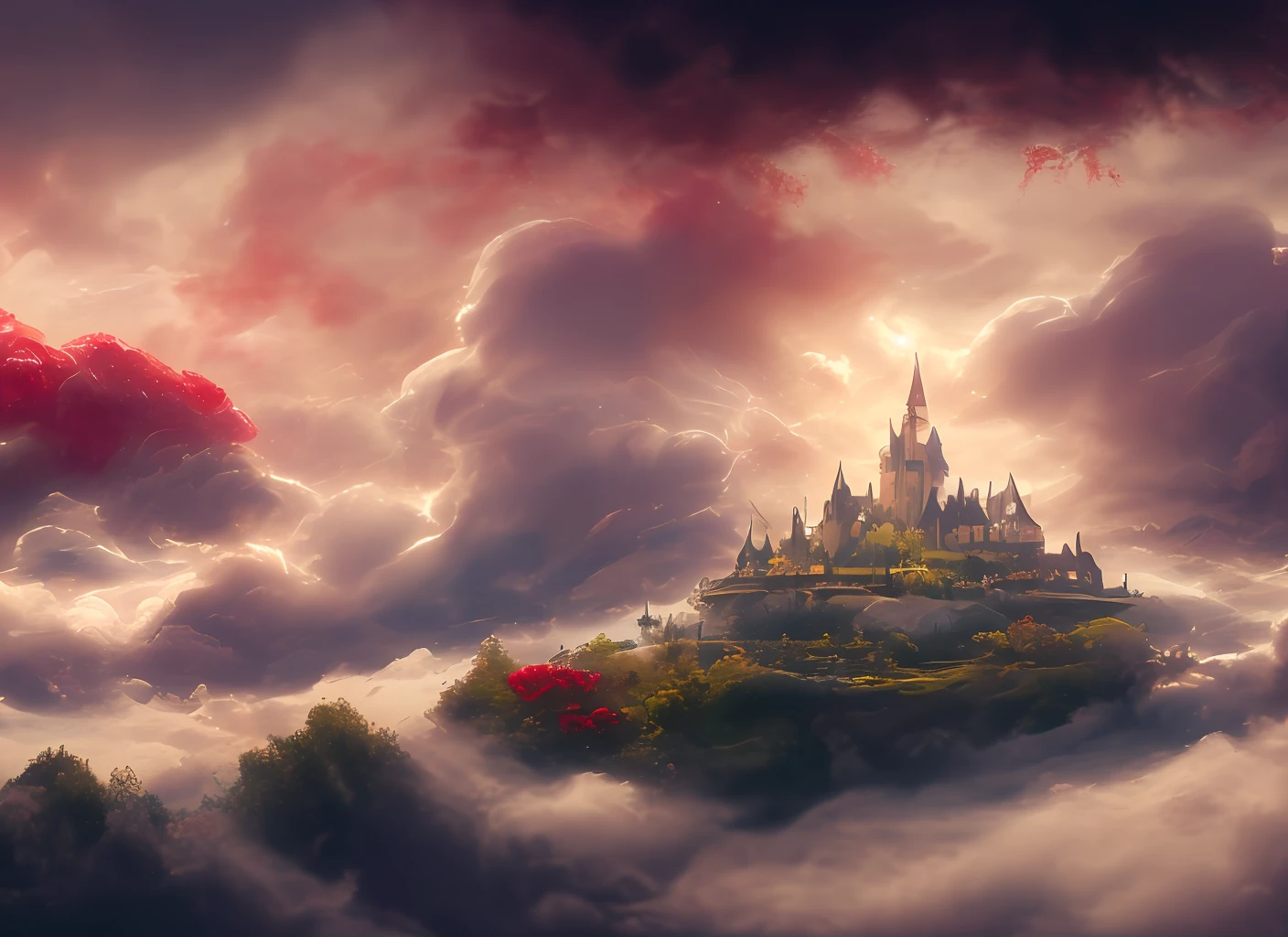 a discodifland with swirling clouds and flowers, (sky rose fantasy castle), (red roses) (ridiculous), dreamy, disney, painted by Thomas Kincaid, artstation, sharp focus, inspiring 8k wallpaper,