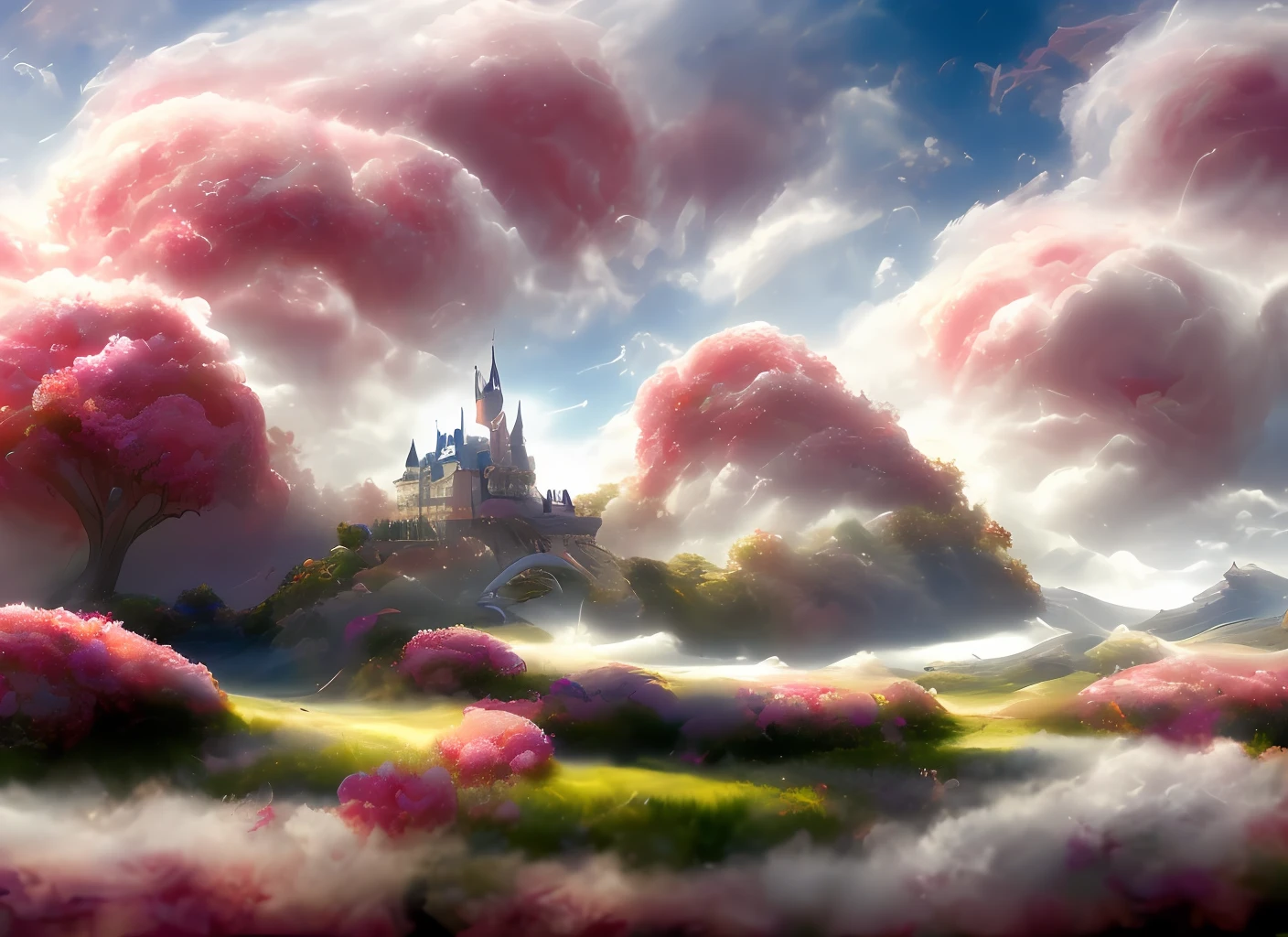 a discodifland with swirling clouds and flowers, (sky rose fantasy castle), (red roses), (ridiculous), dreamy, disney, painted by Thomas Kincaid, artstation, sharp focus, inspiring 8k wallpaper,