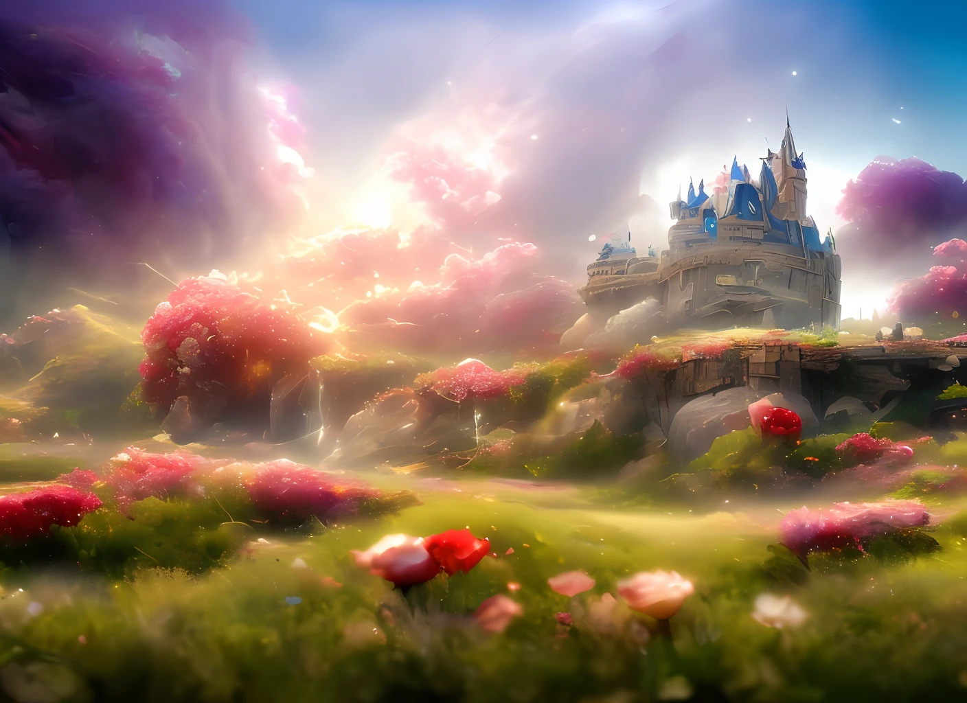 a discodifland with swirling clouds and flowers, (sky rose fantasy castle), (red roses), (ridiculous), dreamy, disney, painted by Thomas Kincaid, artstation, sharp focus, inspiring 8k wallpaper,