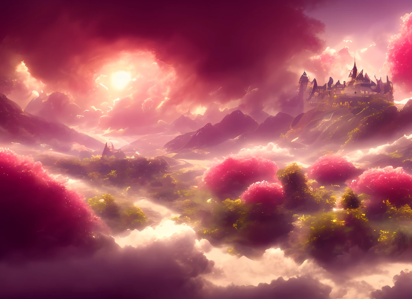 a discodifland with swirling clouds and flowers, (sky rose fantasy castle), (red roses), (ridiculous), dreamy, disney, painted by Thomas Kincaid, artstation, sharp focus, inspiring 8k wallpaper,