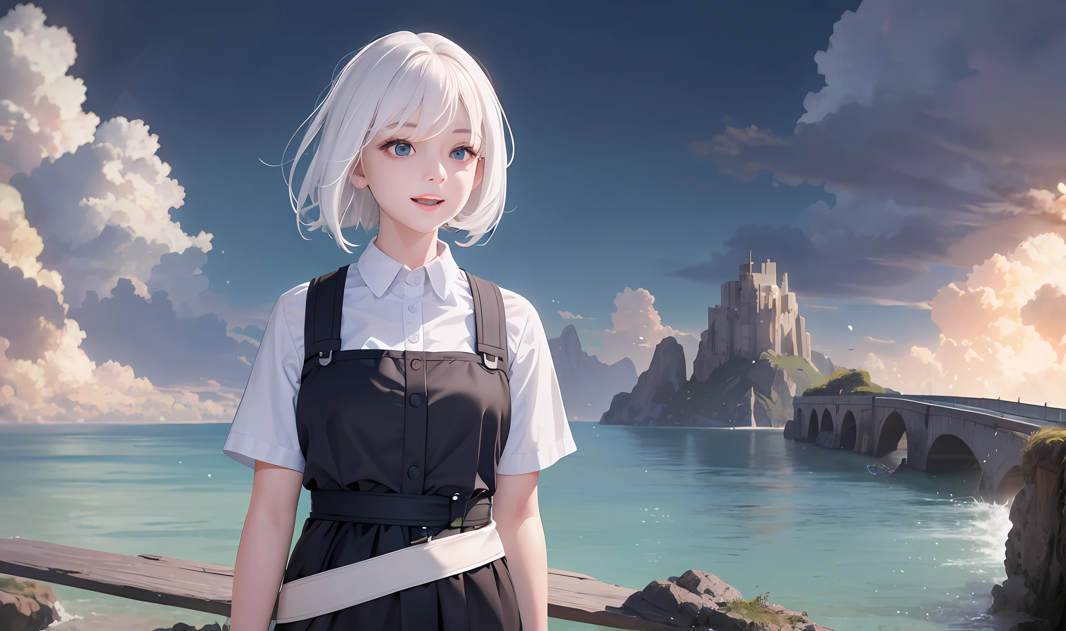 works, best quality, ultra_realistic, 8K, photo_realistic, ultra_detailed, detailed eyes, precision eyes drawing, 1girl, upper body, white hair, bright eyes, shirt, landscape, facing front, slightly opened mouth, smile widely, sweet smile, cinematic angle.