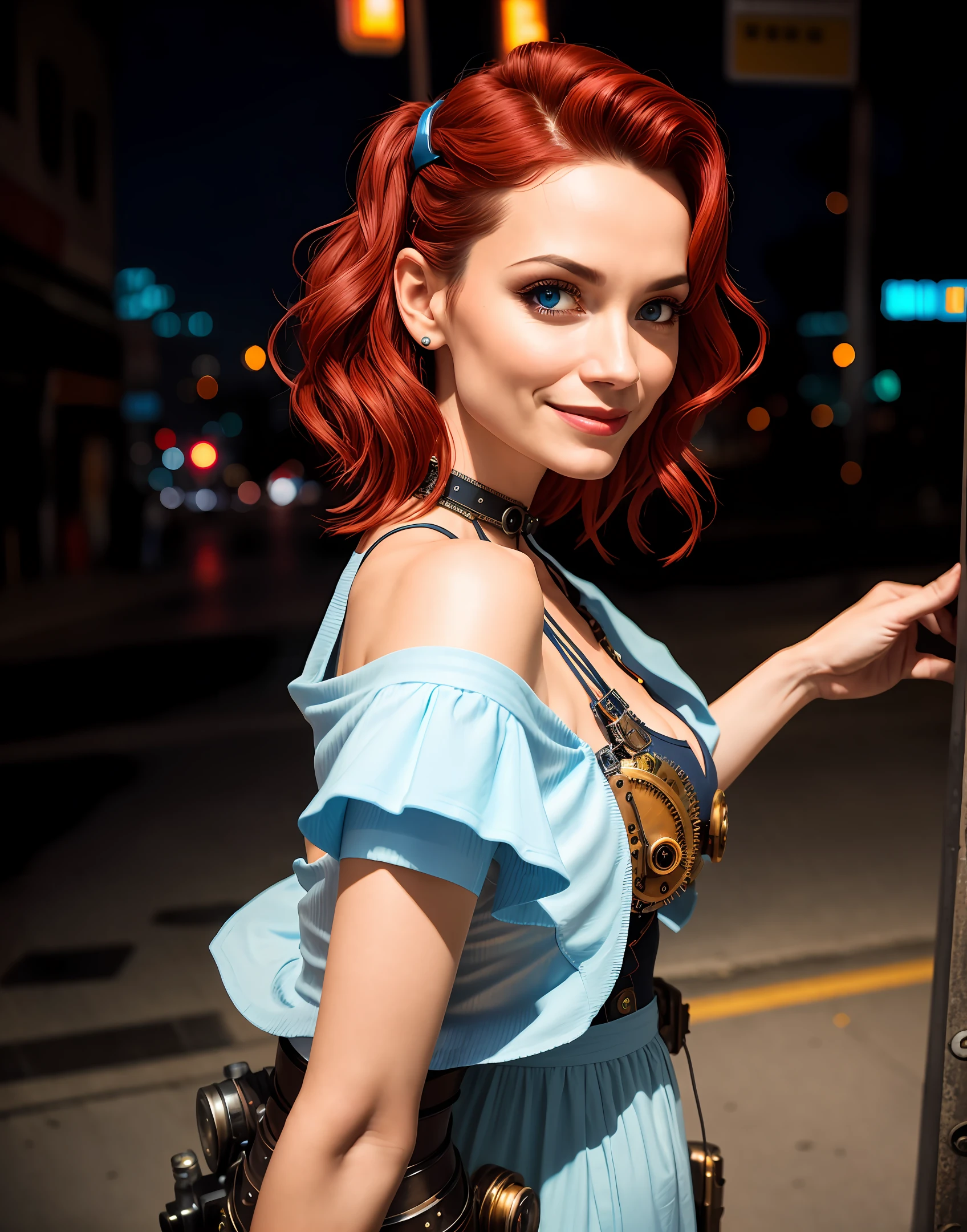 high angle photo of a gorgeous 34 year old woman, healthy skinny,short, small, realistic skin texture, looks up, smiling, big lips, little noose, sexy (red steampunk clothes), steampunk cosplay, (red hair with blue mops), blue hair mops, little boobs, small boobs,flexy boobs, small tits,skinny, posing on the street, night city(cyberpunk), street shops in the background, neon lights, 1 / 2 body crop, 21 5 mm art lens, f 1. 1, sharp focus, 8 k high definition, insanely detailed, intricate, elegant, photorealistic, real life, big shoulder, little neck, long lash, full lips, big lower lip, photo like, realistic picture, synmetric eyes