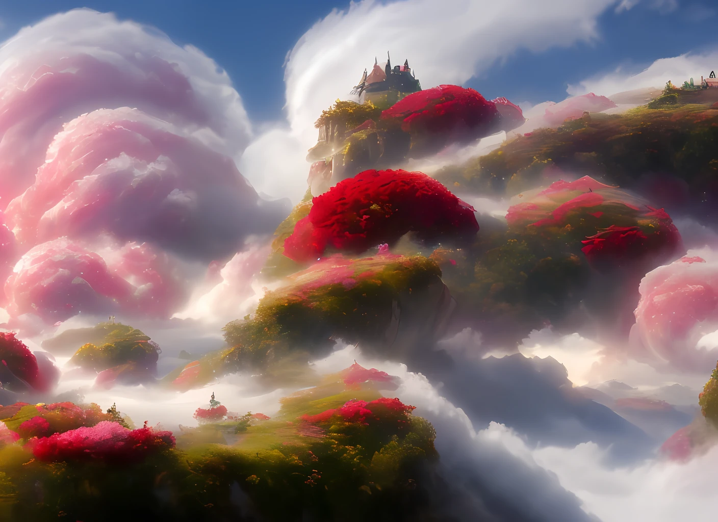 a discodifland with swirling clouds and flowers, (sky rose fantasy castle), (red roses), (ridiculous), dreamy, disney, painted by Thomas Kincaid, artstation, sharp focus, inspiring 8k wallpaper,