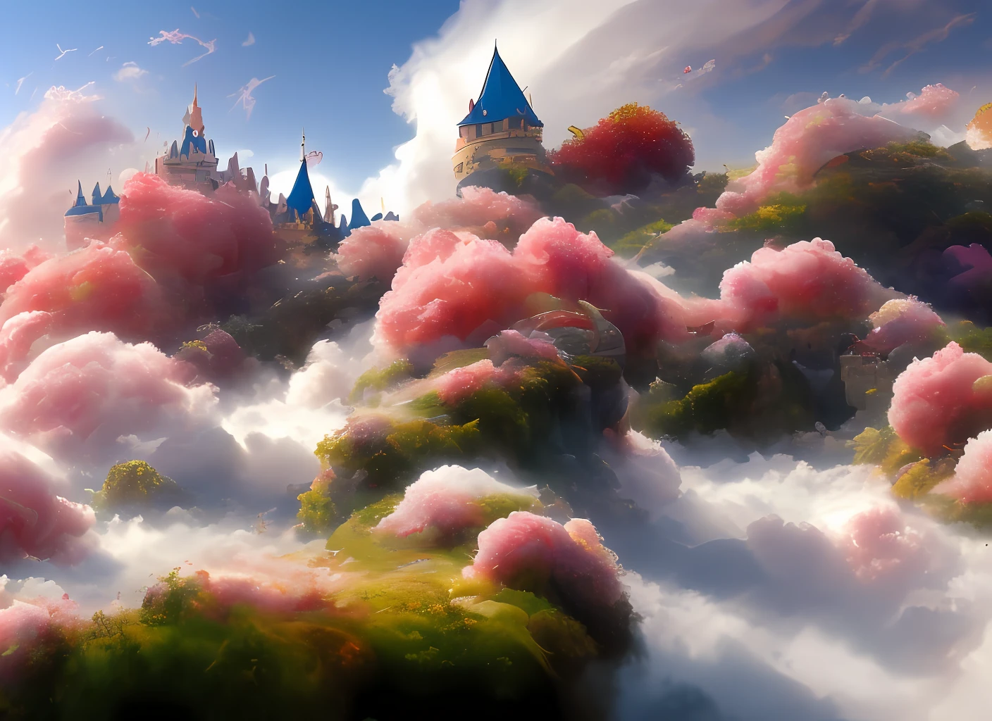 a discodifland with swirling clouds and flowers, (sky rose fantasy castle), (red roses), (ridiculous), dreamy, disney, painted by Thomas Kincaid, artstation, sharp focus, inspiring 8k wallpaper,