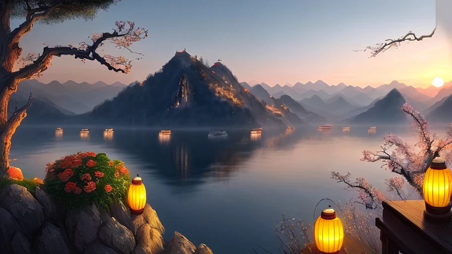 In the evening when Fuxian Lake is full of panoramas, the setting sun and sunset complement each other, surrounded by hills, creating a peaceful and vibrant scene.