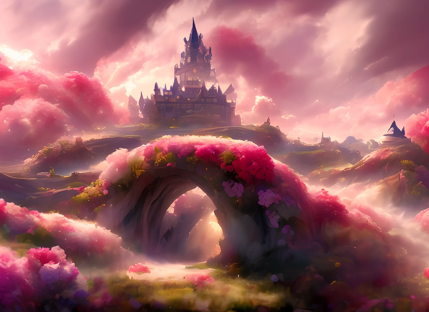 a discodifland with swirling clouds and flowers, (sky rose fantasy castle), (red roses), (ridiculous), dreamy, disney, painted by Thomas Kincaid, artstation, sharp focus, inspiring 8k wallpaper,