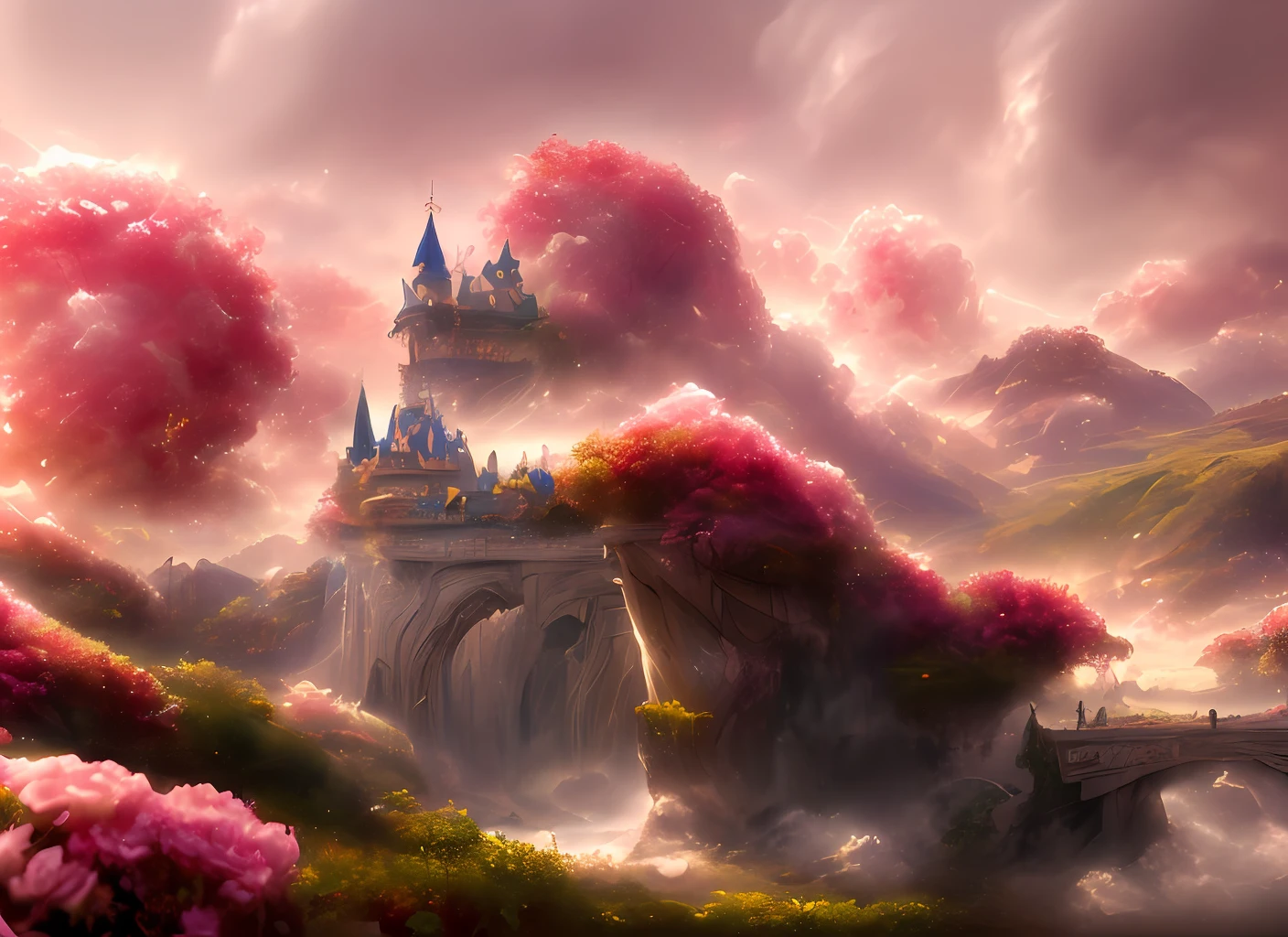 a discodifland with swirling clouds and flowers, (sky rose fantasy castle), (red roses), (ridiculous), dreamy, disney, painted by Thomas Kincaid, artstation, sharp focus, inspiring 8k wallpaper,