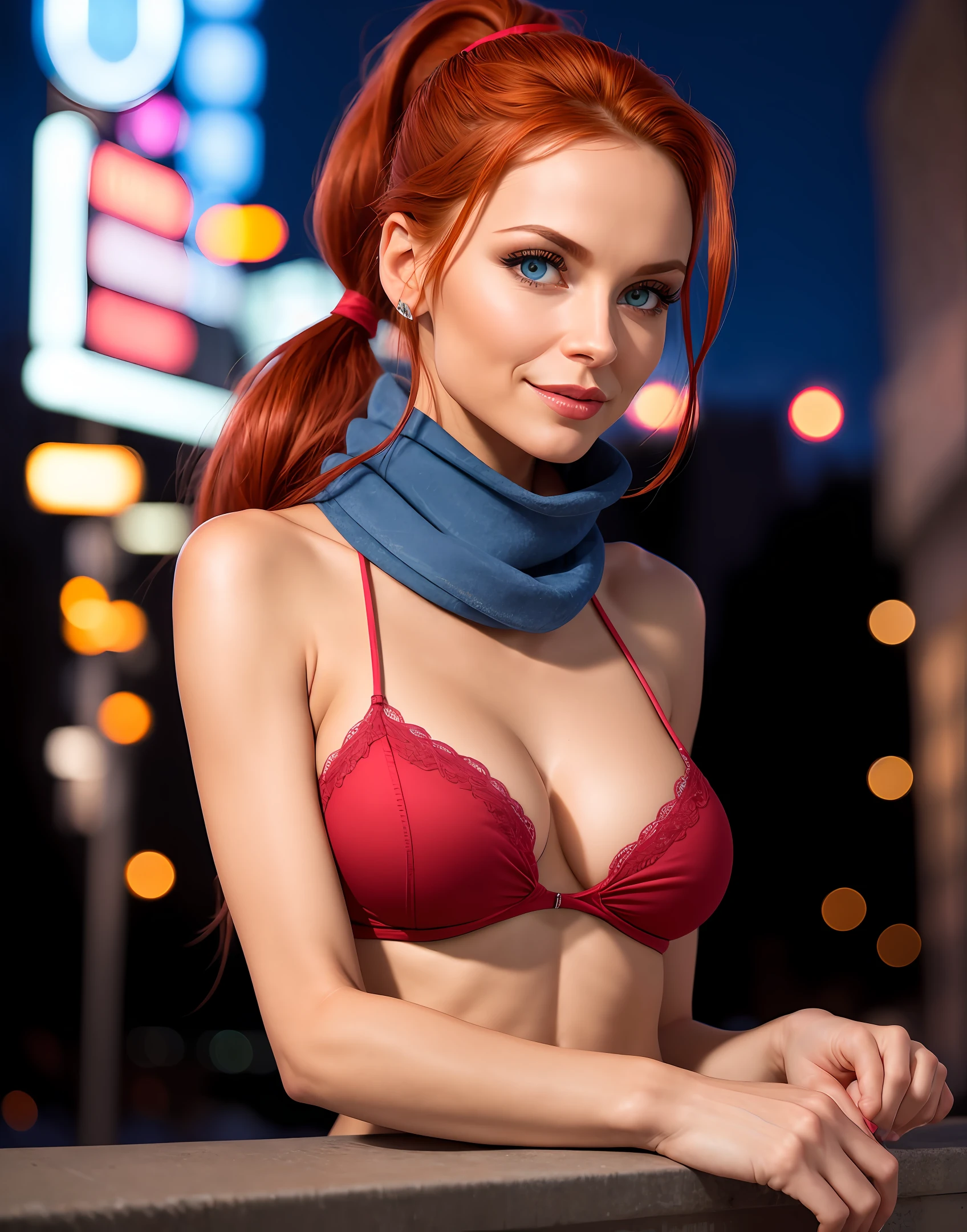 low angle photo of a gorgeous, 30 year old woman, blue eyes, milf, healthy skinny,short, clean skin texture, small, big lips, little noose, sexy, wearing, coat, tight jeans, scarf, (red long hair in ponytail), redhead, red hair, slightly smiling,,
insanely detailed eyes, symmetric eyes, little boobs, tiny boobs, small tits, small perky breasts(perky breasts), perky, skinny,
big shoulder, little neck, long lash, full lips, big lower lip, pink lips, firm breast, firm pushup, push up, firm chest, posing outside in the night city, night lights, city lights.