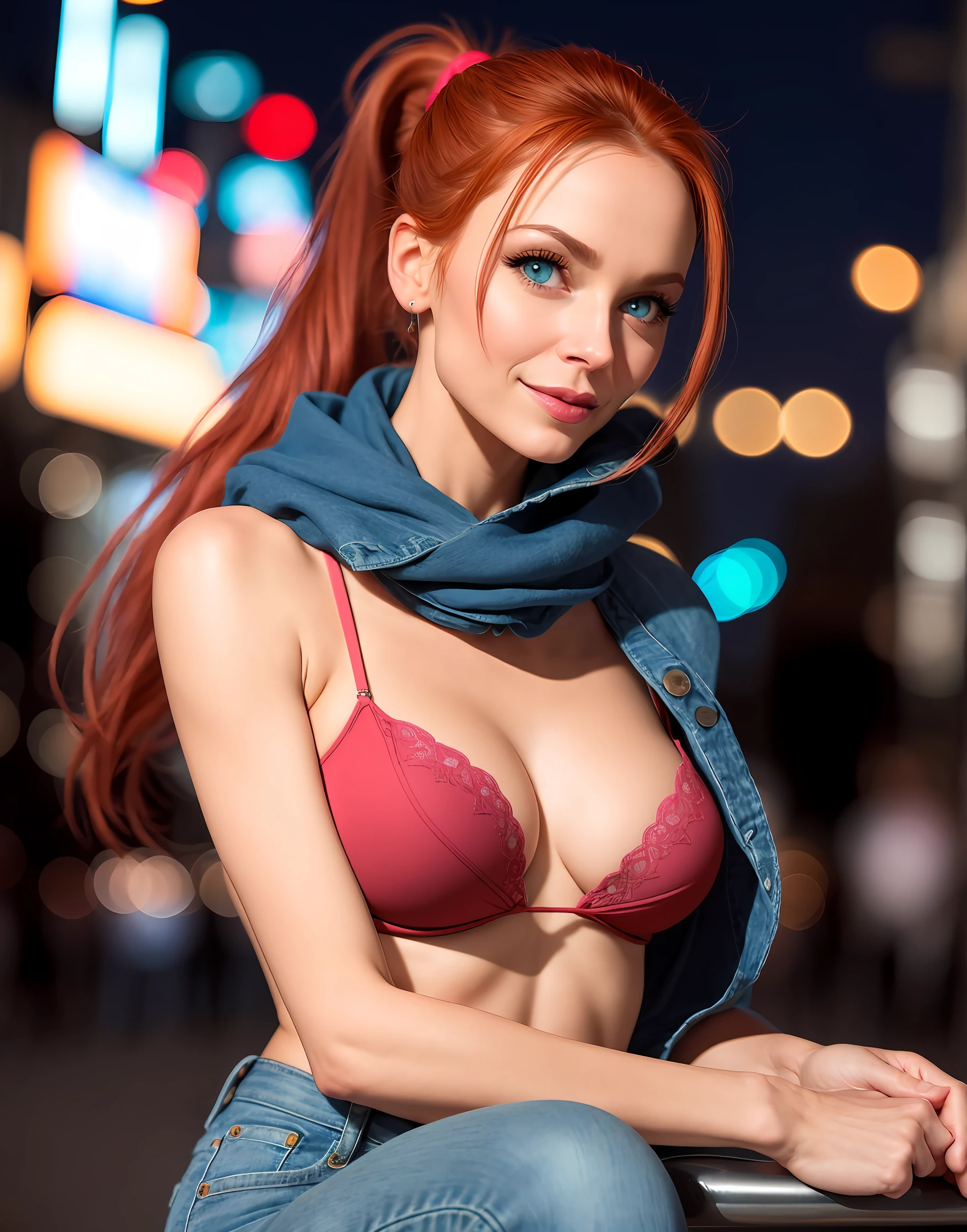 low angle photo of a gorgeous, 30 year old woman, blue eyes, milf, healthy skinny,short, clean skin texture, small, big lips, little noose, sexy, wearing, coat, tight jeans, scarf, (red long hair in ponytail), redhead, red hair, slightly smiling,,
insanely detailed eyes, symmetric eyes, little boobs, tiny boobs, small tits, small perky breasts(perky breasts), perky, skinny, 
big shoulder, little neck, long lash, full lips, big lower lip, pink lips, firm breast, firm pushup, push up, firm chest, posing outside in the night city, night lights, city lights.