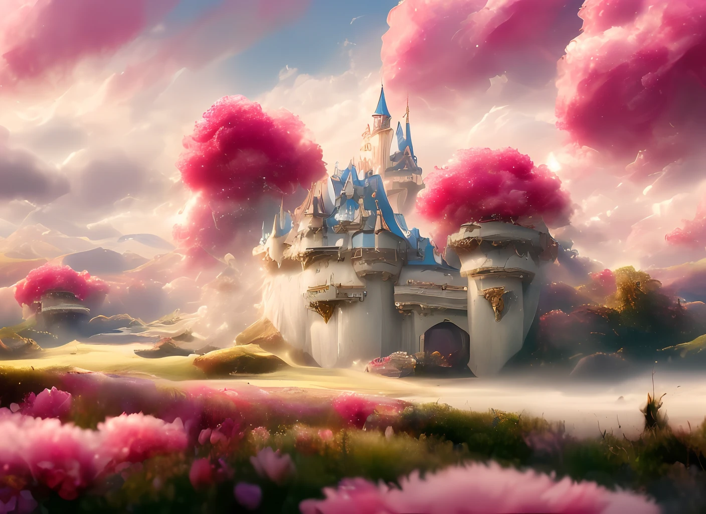 a discodifland with swirling clouds and flowers, (sky rose fantasy castle), (red roses), (ridiculous), dreamy, disney, painted by Thomas Kincaid, artstation, sharp focus, inspiring 8k wallpaper,