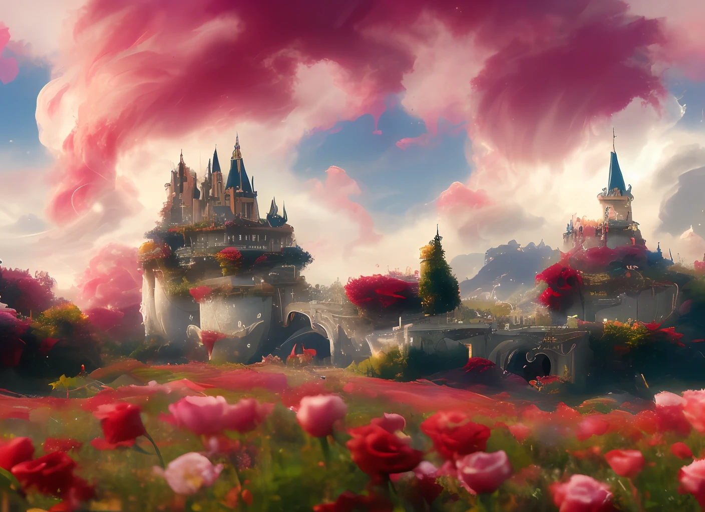 a discodifland with swirling clouds and flowers, (sky rose fantasy castle), (red roses), (ridiculous), dreamy, disney, painted by Thomas Kincaid, artstation, sharp focus, inspiring 8k wallpaper,