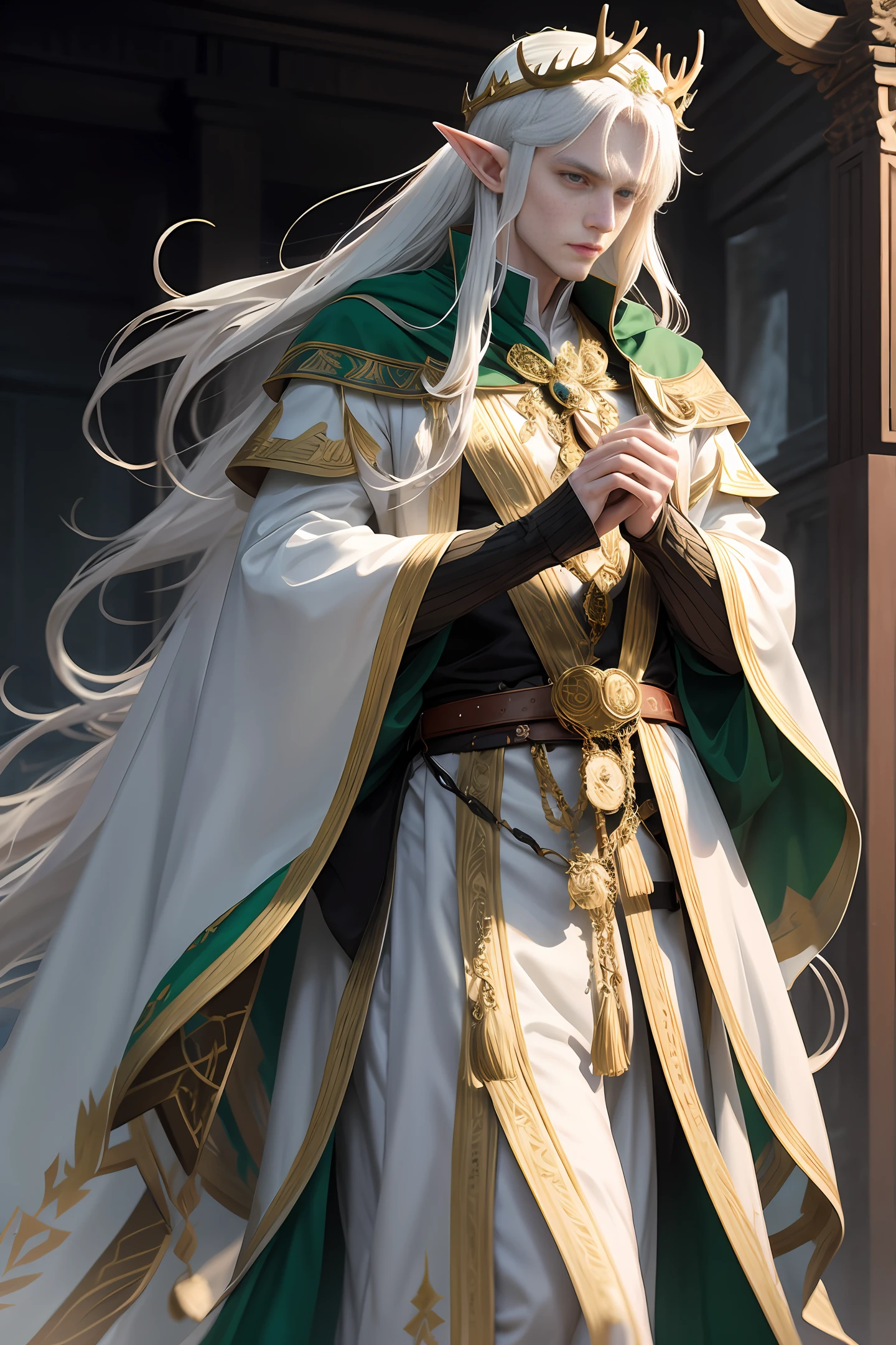 Handsome elf king with long white hair, serious and majestic expression, wearing golden antler crown, white and green nobleman robe with golden pattern on clothes, normal body proportions, wide shoulders, realistic masterpiece, best quality