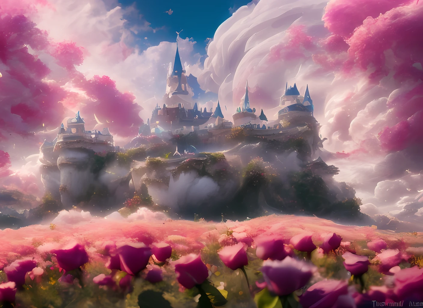 a discodifland with swirling clouds and flowers, (sky rose fantasy castle), (red roses), (ridiculous), dreamy, disney, painted by Thomas Kincaid, artstation, sharp focus, inspiring 8k wallpaper,