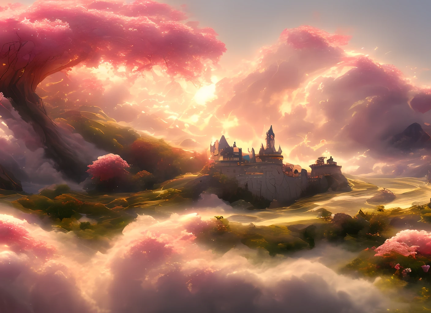 a discodifland with swirling clouds and flowers, (sky rose fantasy castle), (red roses), (ridiculous), dreamy, disney, painted by Thomas Kincaid, artstation, sharp focus, inspiring 8k wallpaper,