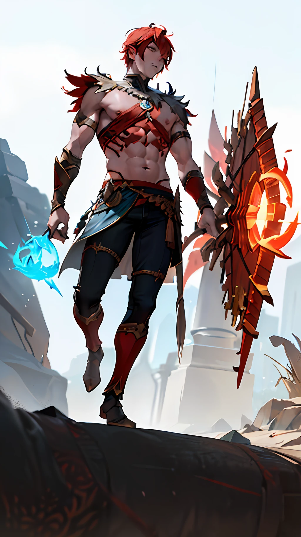 GlowingRunesAIV2_red and GlowingRunesAIV2_paleblue 1male warrior, chubby, chibi, (full body), ((masterpiece)), (Flame background), Photorealistic, cinematic
