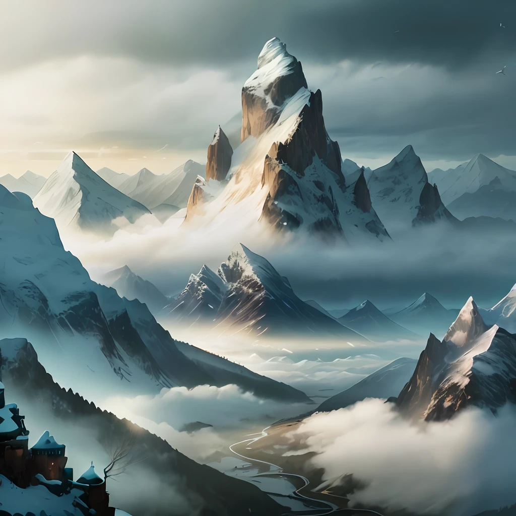 Overlooking the distant mountains, rivers, rolling peaks, vistas, castles, villages, clouds, birds, dawn in the dark, angelic light, surreal fantasy, close-up is the back of the Holy Light Knight (backlight)