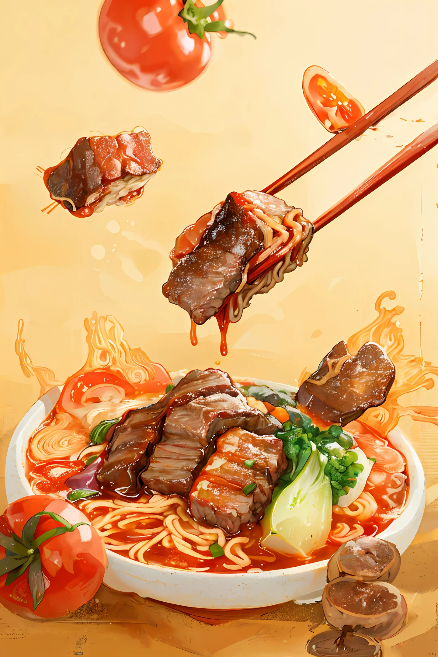 Close up of a bowl of food with chopsticks and tomato, high quality food photography, high definition food photography, 4k food photography, 4k food photography, realistic photo of delicious ramen noodles, food photography, food advertising 4k, beef, super realistic food image, professional food photography , food photography 4k, food advertising, amazing food photography, braised beef noodles, ramen noodles, splashing soup, vegetables, beef, chopsticks holding beef, full of motion,