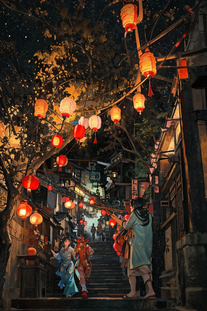 people are walking down a set of stairs with lanterns hanging from them, street lanterns glow, street lanterns are shining, tea drinking and paper lanterns, hanging lanterns, like jiufen, evening lanterns, evil spirits roam with lanterns, street lanterns, warm lantern lighting, lush plants and lanterns, chinese new year in shanghai, festival. scenic view at night, lanterns