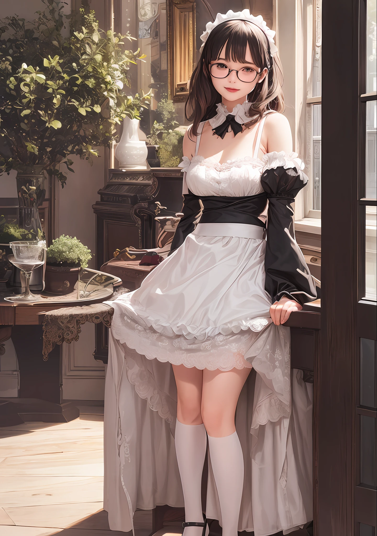 An 18 year old girl, photo, realistic, full body, intricate details, visible white underwear, maid, white lace apron, black skirt, stockings, solo, detailed face, open eyes, perfect skin, sexy, doing Make a happy expression, (round glasses: 1.23),