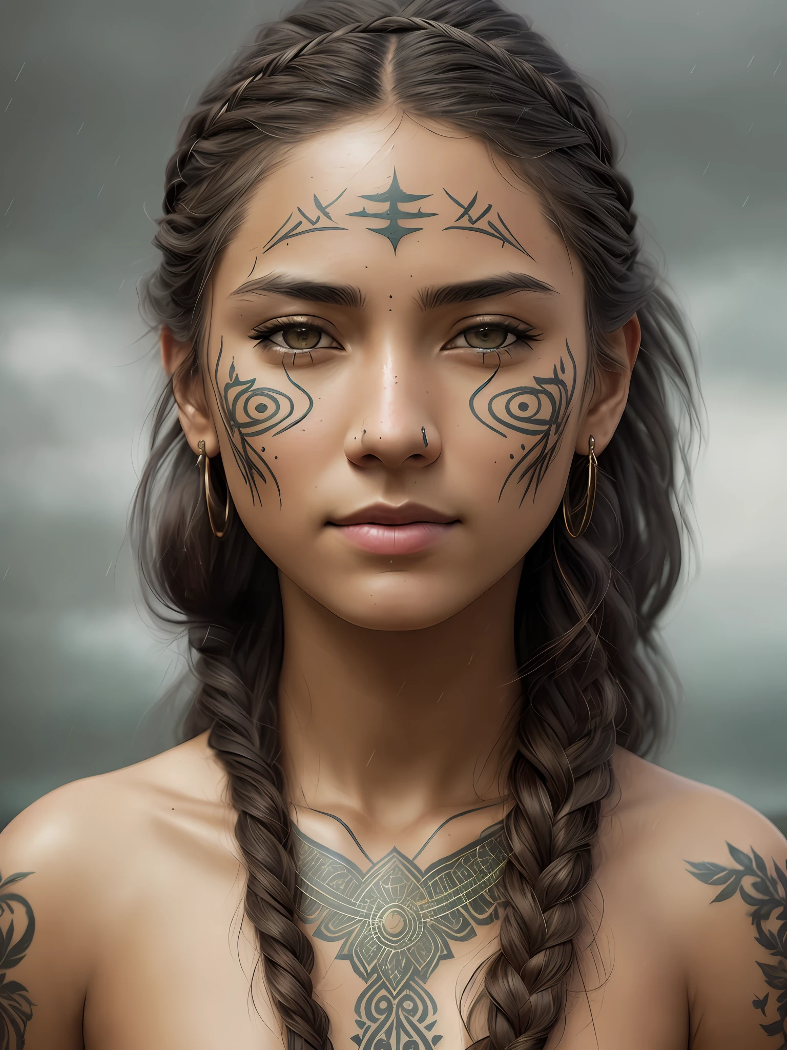 a portrait photo, native, indigenous, tribal, natural skin texture, 24mm, 4k textures, dirty skin, soft cinematic light, adobe lightroom, photolab, smiling, bandana, detailed rain, detailed braided pigtails, tattoos, masterpiece, (beautiful detailed light brown eyes:1.1), best quality,  illustration, (detailed lighting:1.2),  (beautiful detailed glow:1.3),  leather clothing, deep cleavage,  intricate, digital painting, smooth, sharp focus, end of the world, epic realistic, (hdr:1.4), (muted colors:1.4), neutral colors, night, screen space refractions, (intricate details, hyperdetailed:1.3), cinematic shot, vignette, sea ship deck background, native battle background, dim colors, vampire hunter