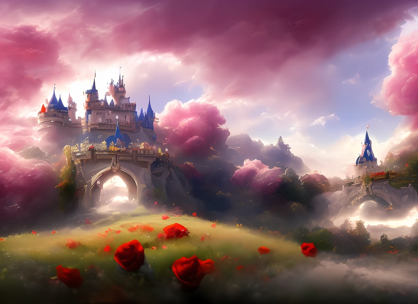 a discodifland with swirling clouds and flowers, (sky rose fantasy castle), (red roses), (ridiculous), dreamy, disney, painted by Thomas Kincaid, artstation, sharp focus, inspiring 8k wallpaper,