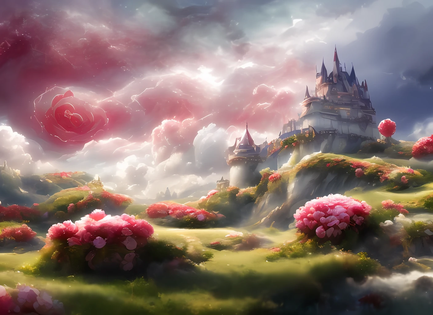 a discodifland with swirling clouds and flowers, (sky rose fantasy castle), (red roses), (ridiculous), dreamy, disney, painted by Thomas Kincaid, artstation, sharp focus, inspiring 8k wallpaper,