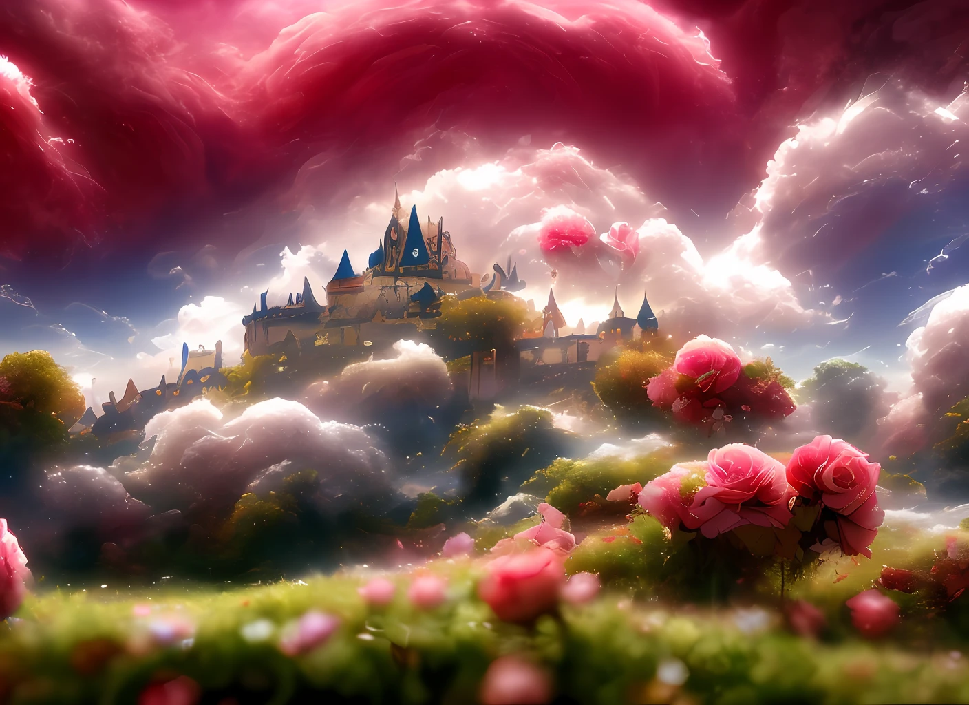 a discodifland with swirling clouds and flowers, (sky rose fantasy castle), (red roses), (ridiculous), dreamy, disney, painted by Thomas Kincaid, artstation, sharp focus, inspiring 8k wallpaper,