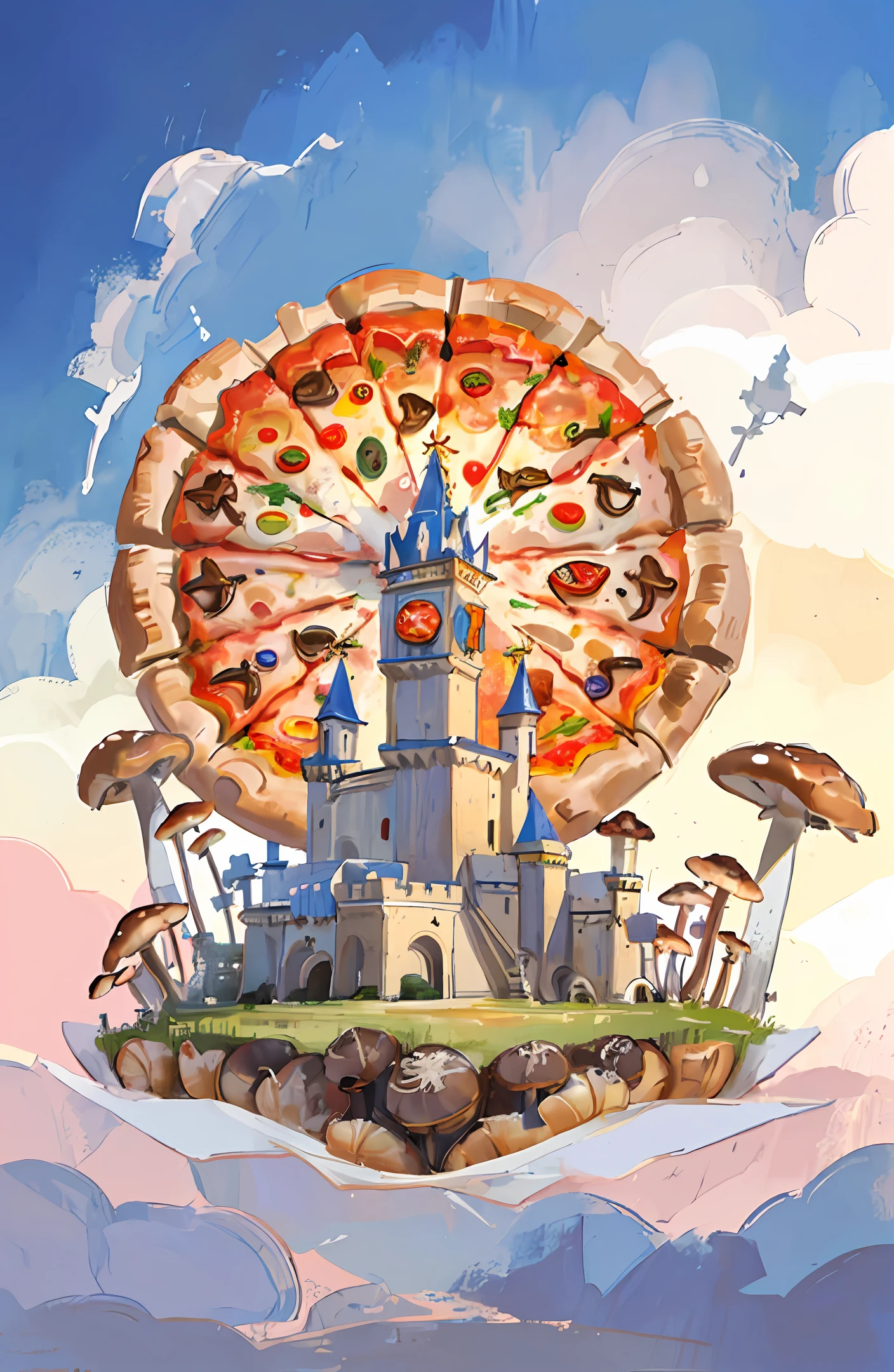 High quality, clear, masterpiece, closeup of pizza on a plot of land, pizza commercial, pizza universe, fantasy food world, pizza skyscraper, fantasy food, leaning tower of pizza, high detail official artwork, promotion Render, pizza hut, dome of wonders, food advertising, official artwork, food advertising 4k, castle, aerial, food, creative cuisine, mushrooms floating in the air, clouds like milk, beautiful castle, delicious pizza, ferris wheel , pizza ferris wheel, castle made of biscuits, fruits floating in the air,