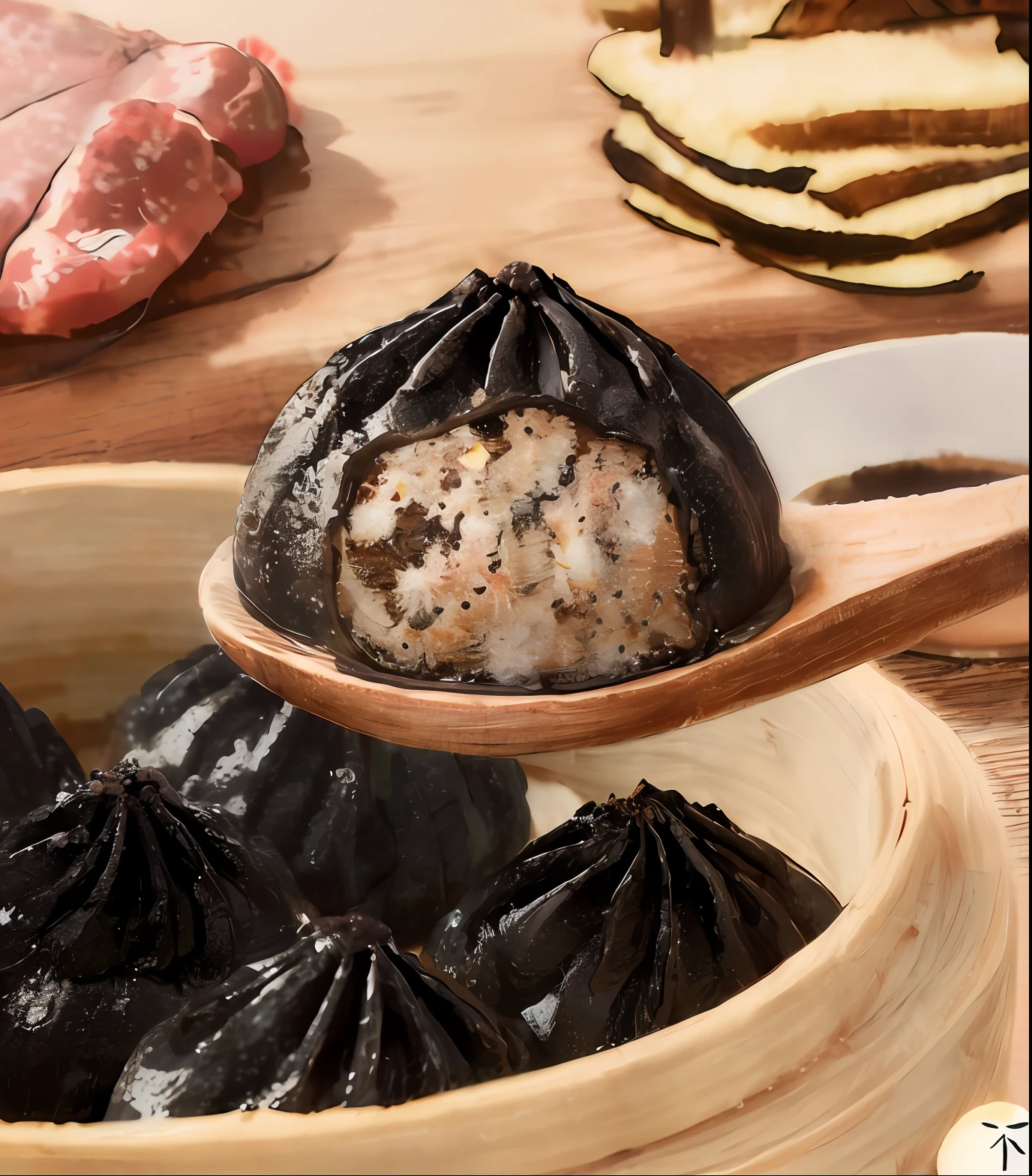 There is a wooden spoon with some food in it, bao pnan, daopao, daoshu, sesame incense, elementary school hall, momoshiki ōtsutsuki, steamed stuffed bun, qiangshu, Chiba Yuda, sichuan, gujian, black truffle soup bag
