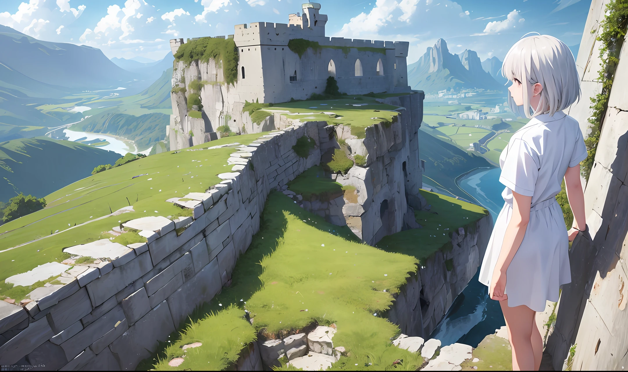 Anime, works, top quality, ultra_detailed,1girl, upper body, white hair, white shirt, short sleeves, medium-chested, silver hair, shirt, landscape, back facing, viewing landscape, spacious and beautiful landscape, there is a big wall and ancient castle, rivers flow from the wall