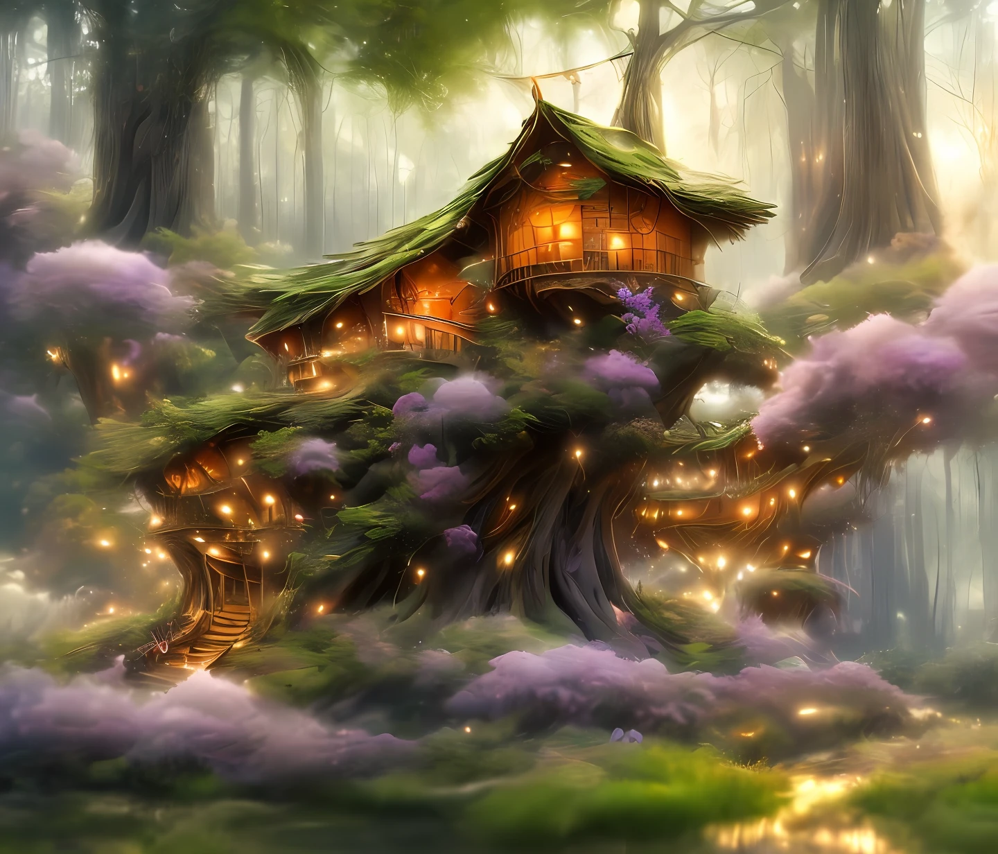 (Swirling clouds andcolorful flowers), (forest fireflies fantasy tree house), (midnight), (Irregular), (mysterious), (ridiculous), dreamy, disney, painted by Thomas Kincaid, artstation, sharp focus, inspiring 8k wallpaper,