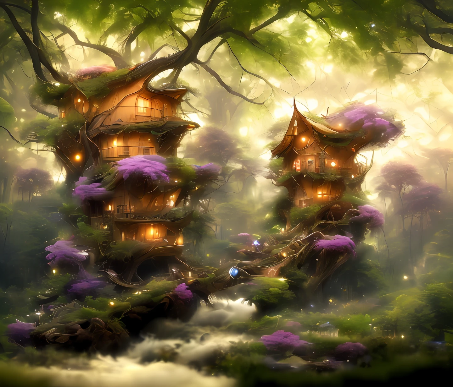 (Swirling clouds and colorful flowers), (forest fireflies fantasy tree house), (midnight), (Irregular), (mysterious), (ridiculous), dreamy, disney, painted by Thomas Kincaid, artstation, sharp focus, inspiring 8k wallpaper,