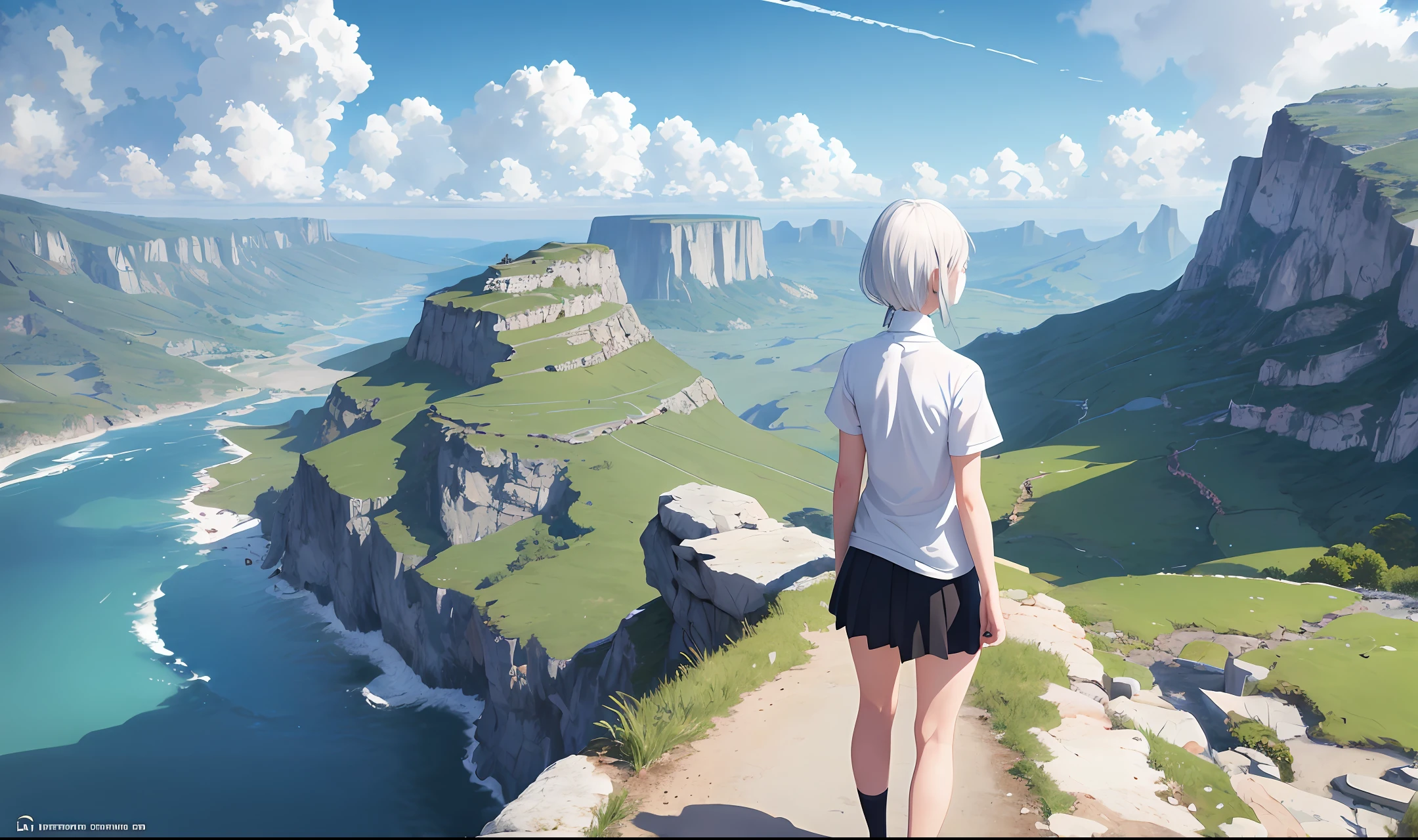 Anime, works, top quality, ultra_detailed,1girl, upper body, white hair, white shirt, short sleeves, medium-chested, silver hair, shirt, landscape, back facing, viewing landscape, spacious and beautiful landscape,